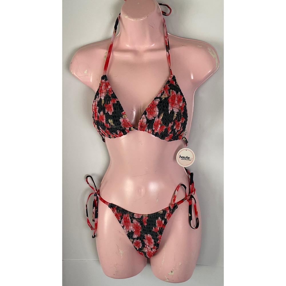 Haute Swimwear Womens Small Floral Smocked Triangle Bikini Set  Red Pink NEW